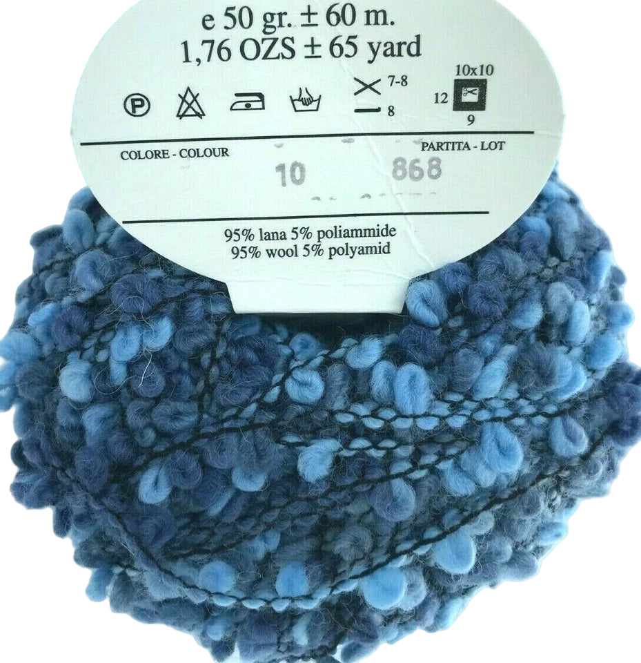 Blue yarn ball with label on a white background