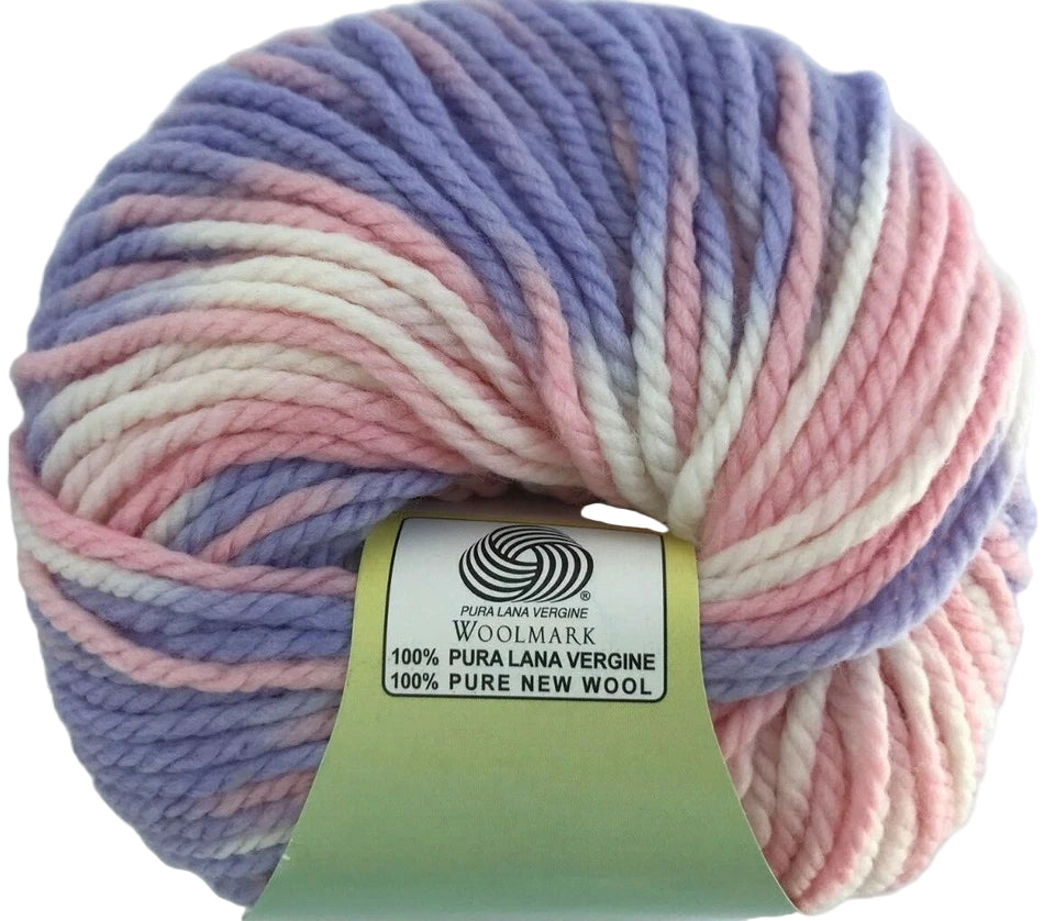 Multicolored yarn ball with a label on a light gray background