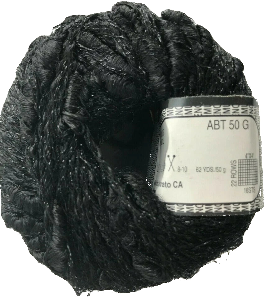 Black yarn ball with a label on a white background