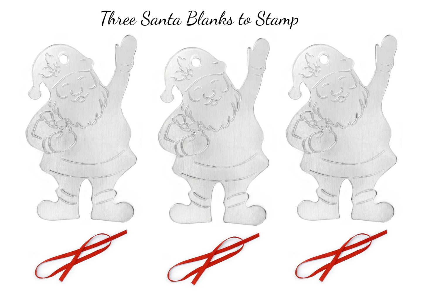 Three Santa Claus stamps with red ribbons on a white background