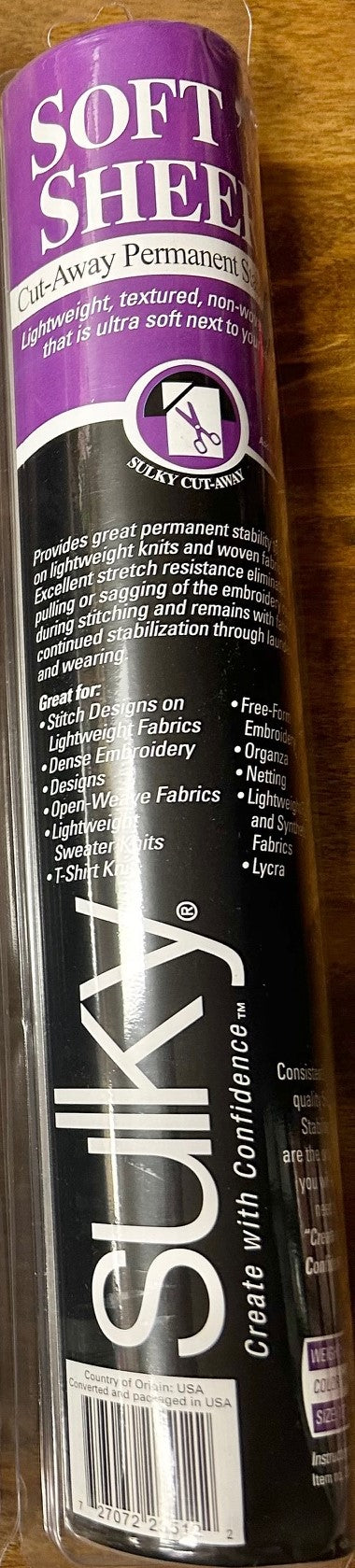 A roll of Sulky Soft 'n Sheer permanent, lightweight, cut-away embroidery stabilizer.