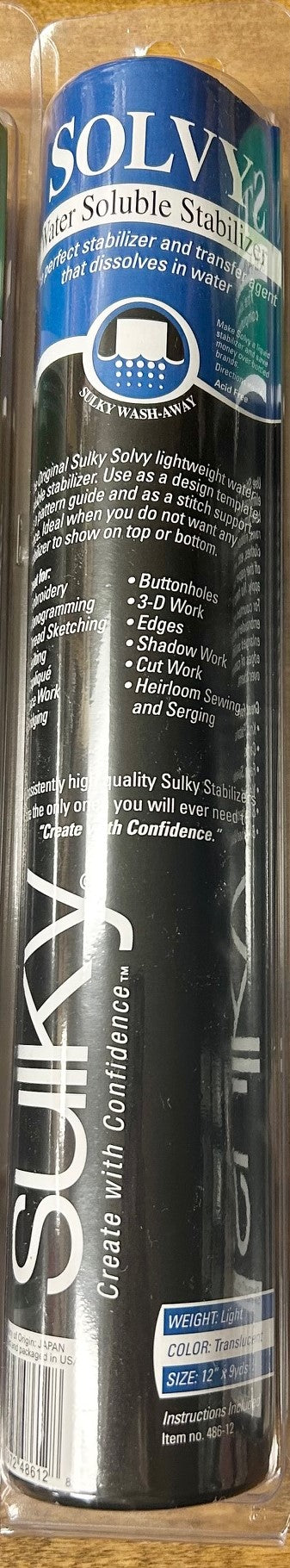 A roll of Sulky Solvy water-soluble stabilizer is pictured. This product is a temporary, non-woven stabilizer and transfer agent that dissolves in water. It is designed to prevent puckering and shifting during stitching and is ideal when no stabilizer residue is desired. It is suitable for various projects including monogramming, computerized embroidery, quilting, and appliqué. The product shown is a 12-inch by 9-yard roll. 