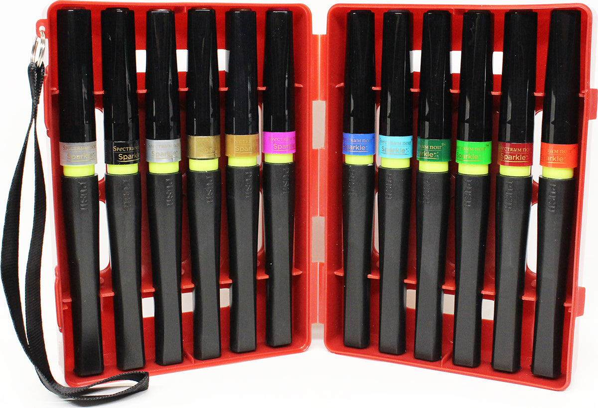 A red packaging of Spectrum Noir Sparkle Brush Markers Holiday 12 pc