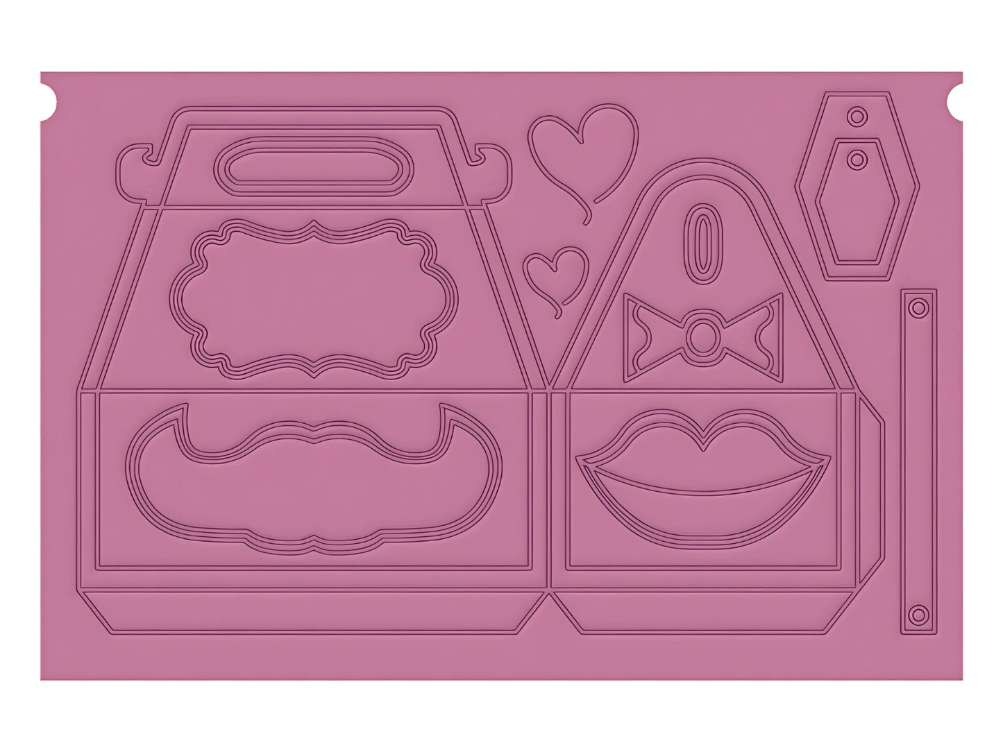 Pink embossing folder with decorative cutouts on a white background