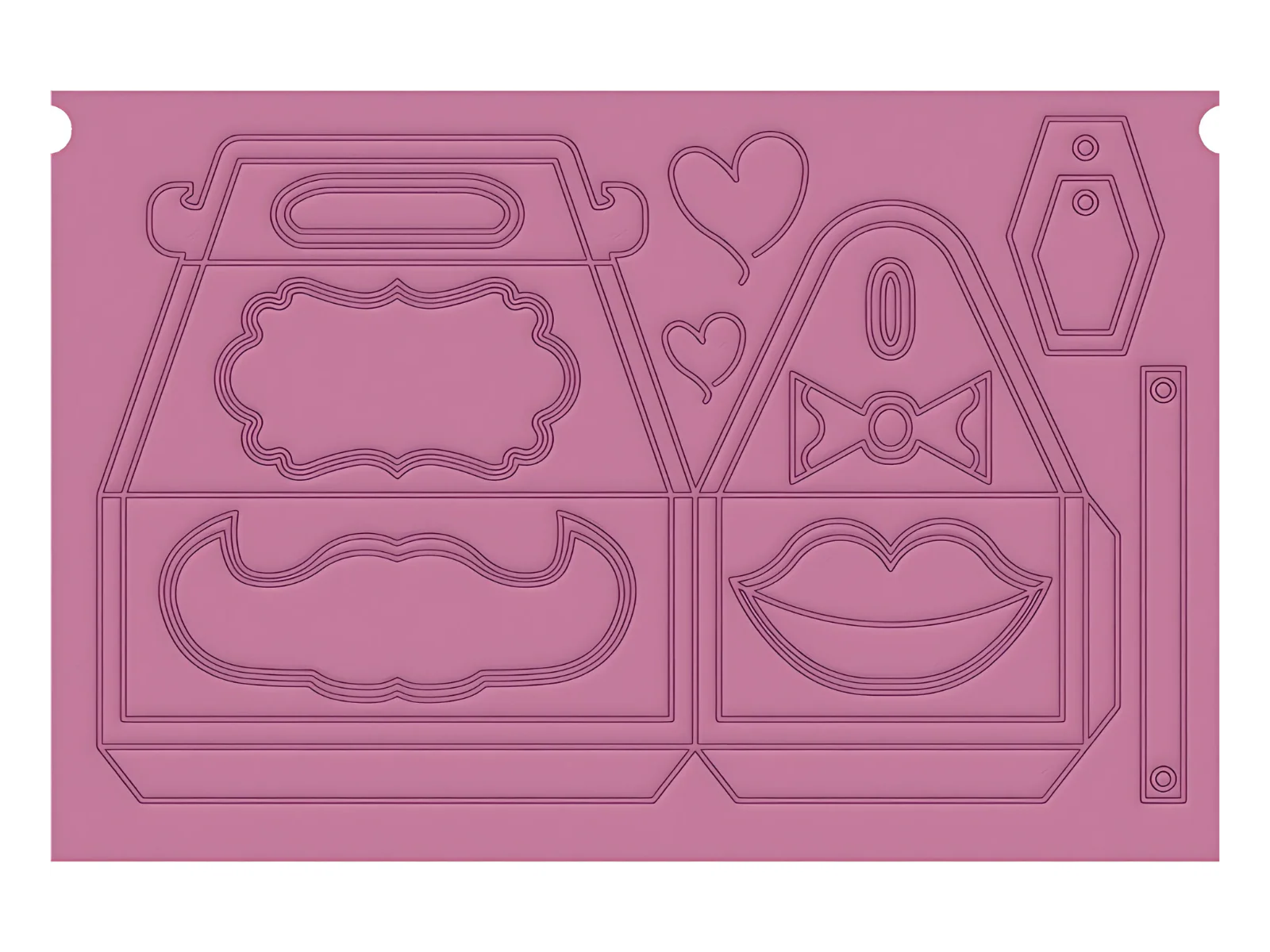 Pink embossing folder with decorative cutouts on a white background