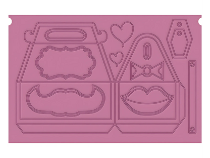 Pink embossing folder with decorative cutouts on a white background