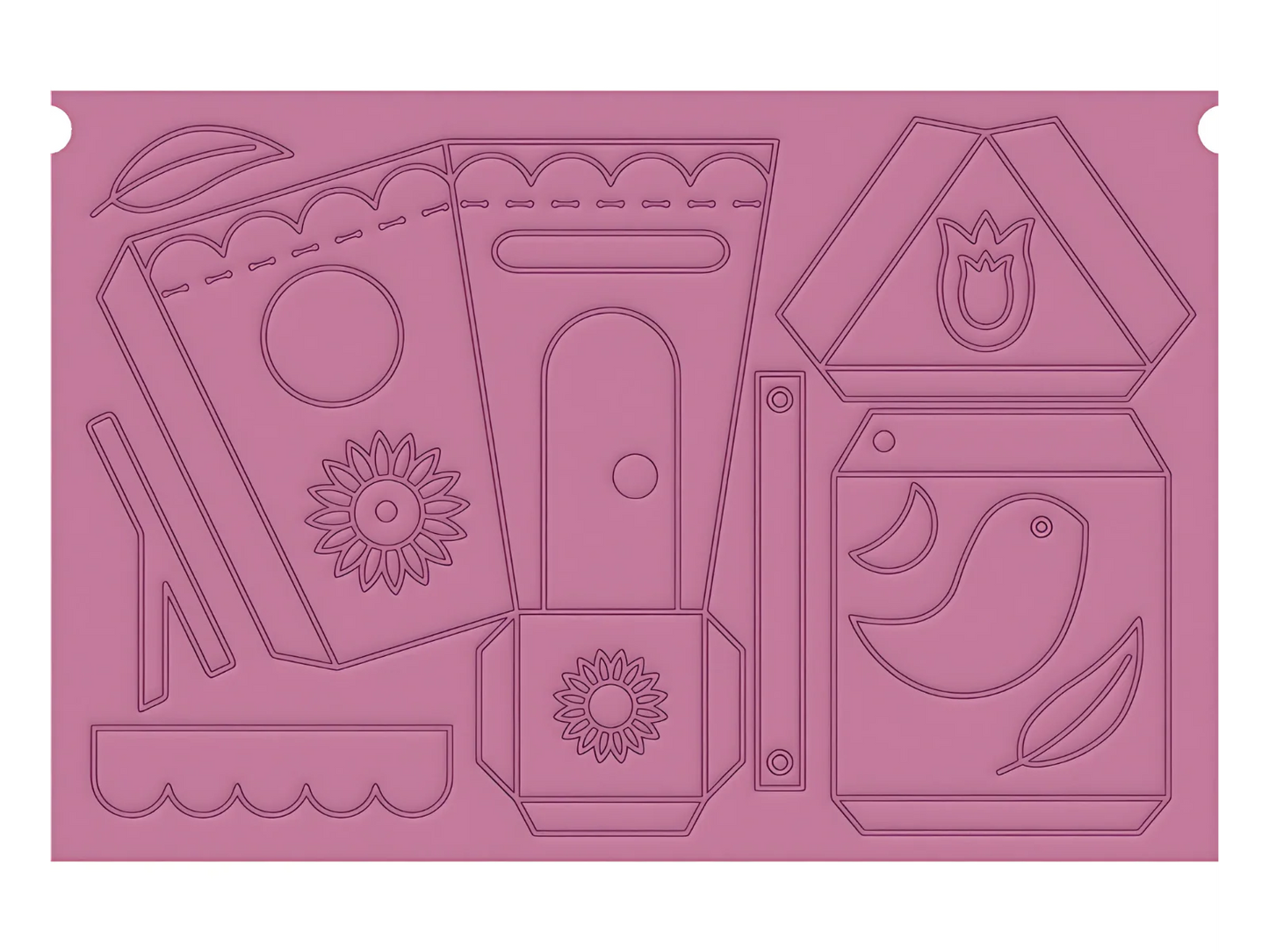 Decorative pink mat with abstract shapes and patterns on a white background
