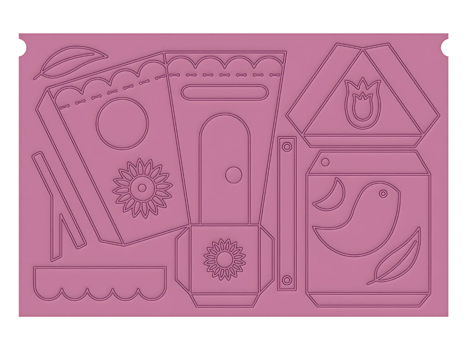 Decorative pink mat with abstract shapes and patterns on a white background