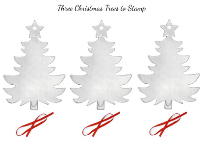 Three white Christmas tree stamps with red ribbons on a white background
