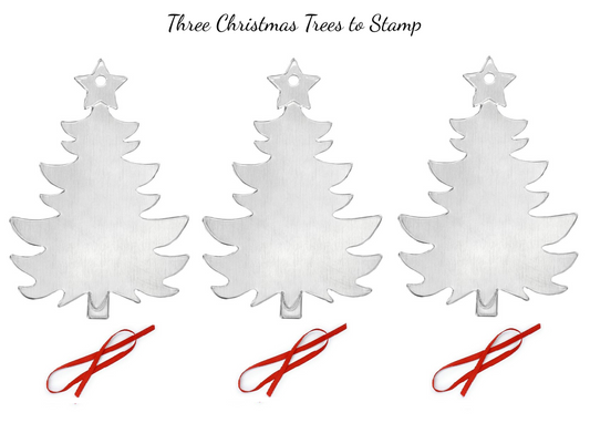 Three white Christmas tree stamps with red ribbons on a white background