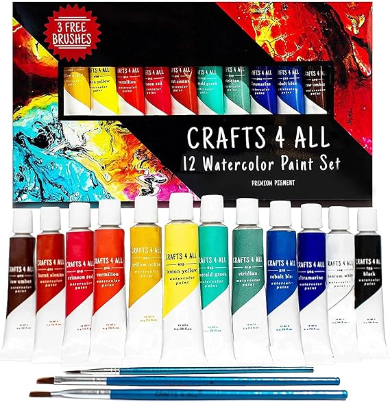 12 watercolor paint tubes with a set of brushes and a colorful painting in the background, labeled 'Crafts 4 All'.